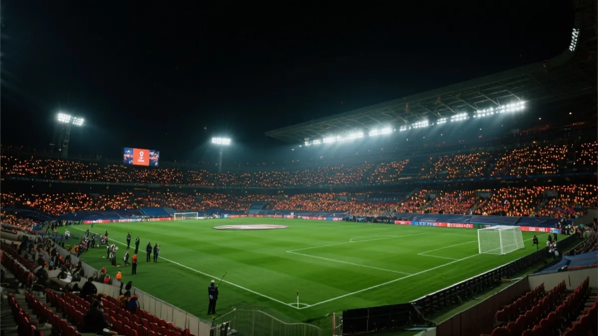 决赛球场的夜色与看台灯海，比赛即将开始